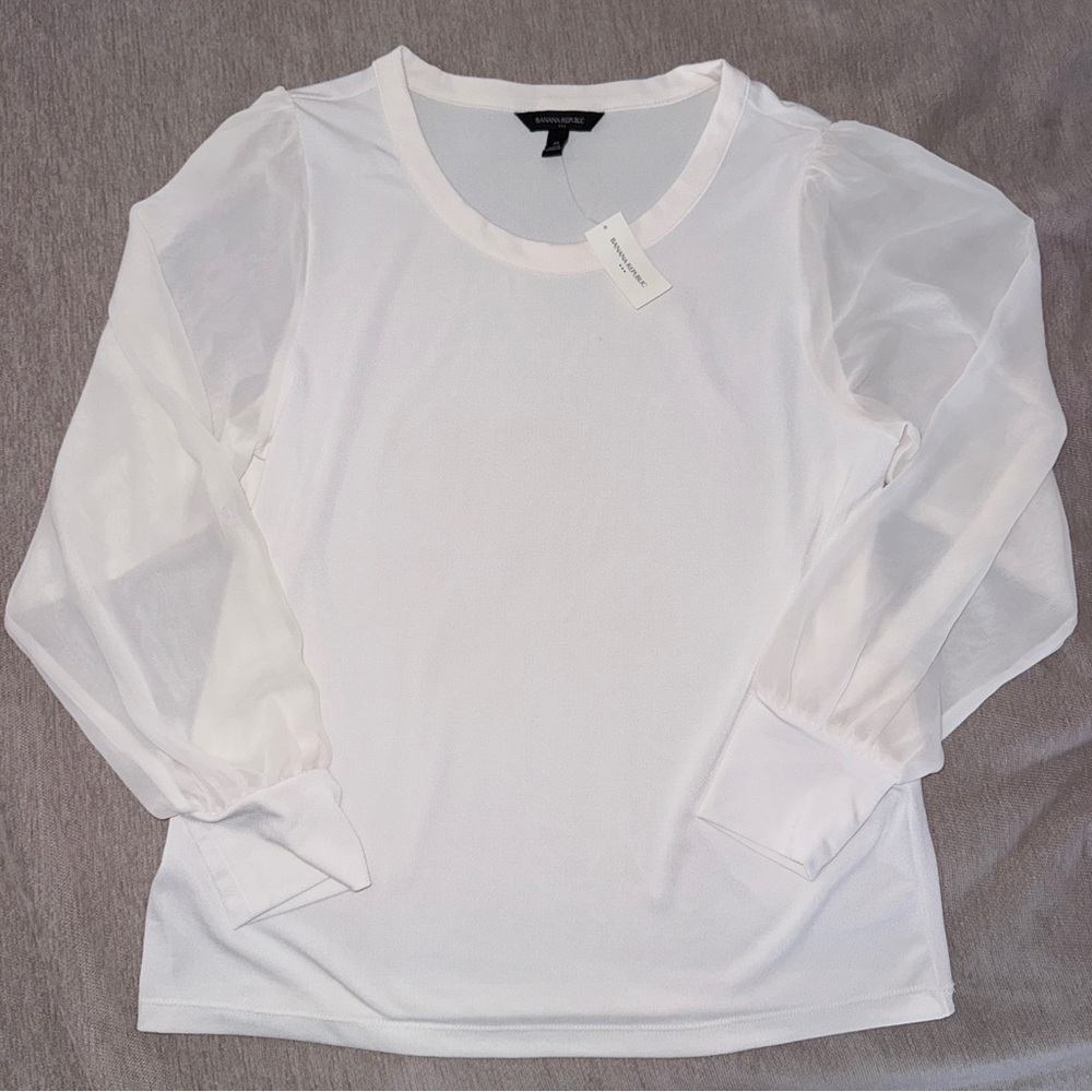 Banana Republic White Blouse with Sheer Sleeves